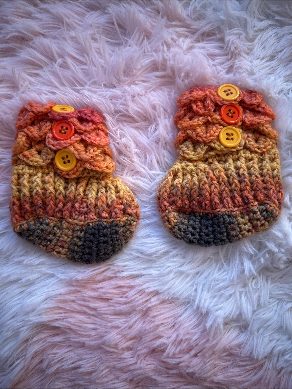 Handmade Orange Gradient Crochet Baby Booties with Button Accents